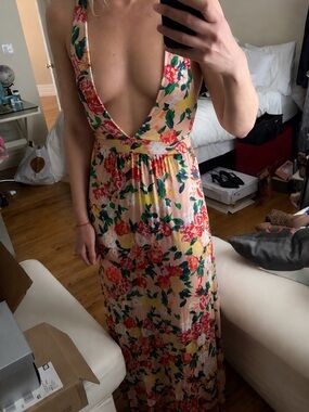 Peach Floral Plunge Maxi Dress